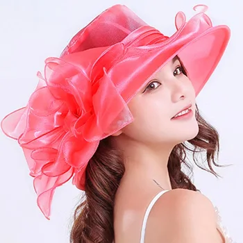 Свадебные шляпы для женщин элегантный цветок сетка УФ защита от солнца Кентукки Дерби, головные уборы мода органзы с широкими полями, солнцезащитная кепка
