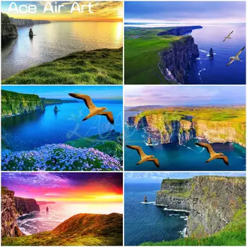 Северная олуша, Летящая над Пейзажем Атлантического океана, Алмазная Роспись Скал Мохер, Ирландия, Пейзаж для макета