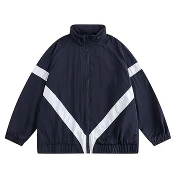 Сине-белая университетская куртка в стиле Пэчворк, Мужская Корейская ветровка в стиле Харадзюку, Свободная Винтажная ветровка С капюшоном, Повседневные куртки-бомберы на открытом воздухе