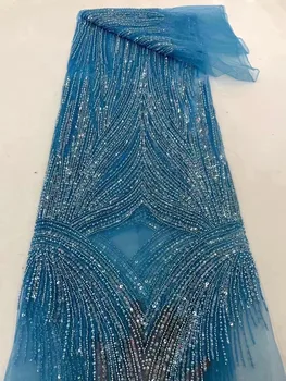 Синяя Свадебная Кружевная ткань 2023, Высококачественная Ручная вышивка Бисером, Блестки, Французское Тюлевое Кружево, Нигерийская Кружевная ткань Для Платья