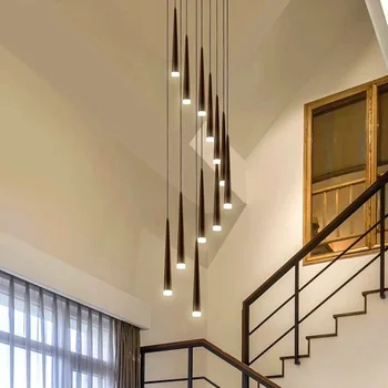 Современная светодиодная лестничная люстра, освещение в скандинавском стиле, потолочные подвесные светильники для гостиной, черные/золотые акриловые кольца, подвесные светильники