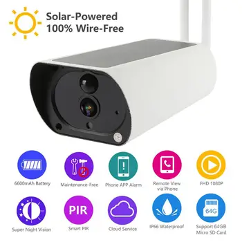 Солнечная IP-камера 1080P, 2-мегапиксельная Беспроводная система видеонаблюдения Wi-Fi, Водонепроницаемое наружное ИК-наблюдение Ночного видения, Двойная антенна
