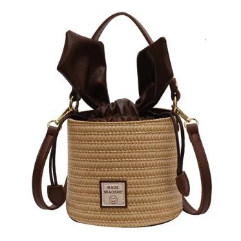 Сумка-ведро, Дизайнерские трендовые дизайнерские сумки для женщин 2023, Летняя плетеная из соломы сумка через плечо, Элегантная пляжная сумка, повседневная сумка через плечо