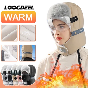 Теплая лыжная шапка LOOGDEEL Для женщин и мужчин, зимняя водонепроницаемая с очками, Дышащая шапка для защиты ушей и шеи на рыбалке, велоспорте на открытом воздухе