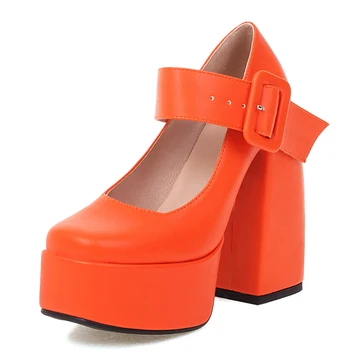 Туфли-лодочки на платформе с квадратным носком и массивным каблуком; Женские туфли Мэри Джейнс на высоком каблуке с ремешком и пряжкой; Модная обувь для свадебной вечеринки; Белый Оранжевый