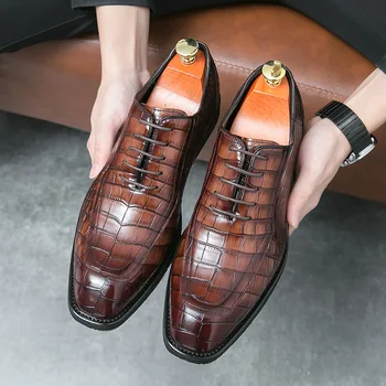 Туфли-оксфорды в британском деловом стиле на шнуровке, Мужские официальные кожаные туфли с квадратным носком, офисные модельные туфли PX071