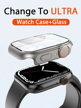 Фирменная крышка из стекла + ПК для Apple Watch Case 44 мм 40 мм 45 мм 41 мм Обновление внешнего вида 49 мм Превращение в ultra 2 iWatch series 8 7 se 9