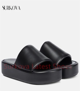 Черно-белые однотонные тапочки на толстой плоской подошве с круглым носком, женские уличные сандалии, Высококачественная повседневная обувь из мягкой кожи для женщин