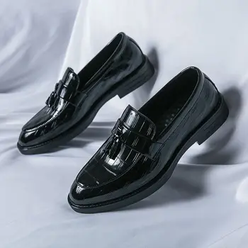 Черные Классические Мужские Кожаные лоферы с блестками, Дышащая Мужская Повседневная Кожаная Обувь, Комфортные мужские модельные туфли без Застежки, Zapatos De Hombre
