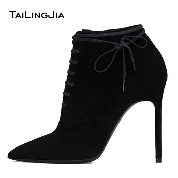 Черные женские ботинки из искусственной замши, Ботильоны на высоком каблуке с острым носком, Пинетки на шнуровке, Женская Весенне-осенняя обувь больших размеров