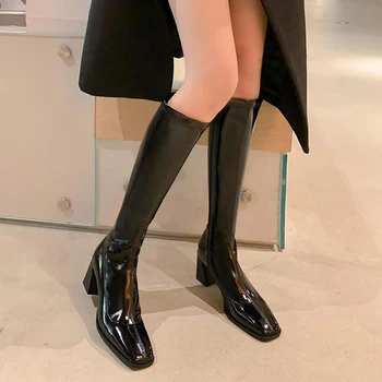 Черные женские сапоги до колена из лакированной кожи, винтажные женские ботинки с квадратным носком, Осень 2022, Botas De Mujer на молнии и высоком каблуке