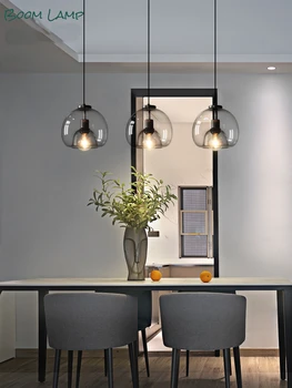 Черный Подвесной светильник Nordic LED Люстра E27 для гостиной, столовой, кухни, Спальни, Современный потолочный светильник из серого стекла