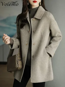 Шерстяное пальто, Приталенное Модное Офисное Женское Однобортное зимнее пальто с квадратным воротником для женщин 2023, Черное пальто с широкой талией и карманом