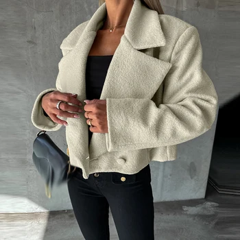 Элегантные офисные пальто с длинными рукавами, Винтажная однобортная верхняя одежда 2023, осенне-зимние женские Шерстяные короткие куртки с отложным воротником