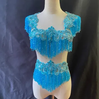 Ярко-синяя аппликация из страз с цепочками для костюма, украшения для тела с бахромой, ожерелье на плечо для модных и танцевальных костюмов