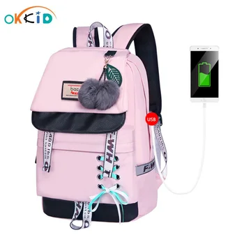 детские школьные сумки для девочек, милый розовый рюкзак, школьный рюкзак в корейском стиле с меховым шариком и бантом, школьный рюкзак для девочек, сумка для книг