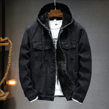 зимняя мужская джинсовая куртка, молодежная мужская флисовая толстая термокуртка, трендовый повседневный мужской джинсовый топ с капюшоном
