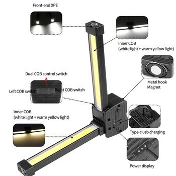 COB светодиодный фонарик, портативный USB перезаряжаемый автомобильный рабочий светильник, магнитный фонарь, подвесной крючок, лампа для ремонта кемпинга