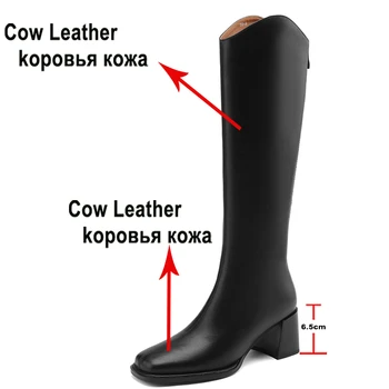 Meotina/ Женские сапоги до колена из натуральной кожи с квадратным носком на толстом высоком каблуке и молнии, Женские длинные ботинки в западном стиле, осень-зима 40