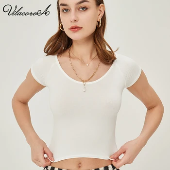Vilacoroa Укороченный Топ, Женская рубашка с круглым вырезом, Женские Сексуальные укороченные топы, Черные повседневные облегающие базовые женские футболки, Белые