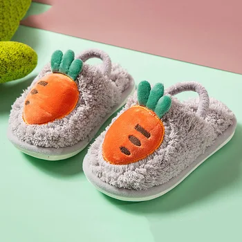Детские домашние тапочки для мальчиков и девочек, детские хлопковые тапочки с рисунком Моркови, осенне-зимняя обувь для пола, противоскользящая эластичная лента