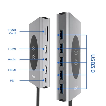 Док-станция 14 в 1, USB-концентратор Type C, совместимый с HDMI, Беспроводная зарядка, адаптер USB 3.0, док-станция-концентратор Type C для MacBook
