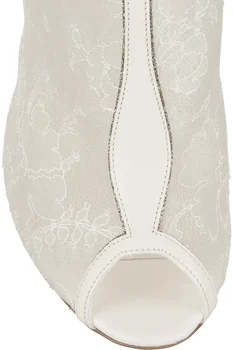 Женские свадебные туфли Белого Цвета с кружевным цветочным узором на не сужающемся книзу массивном каблуке