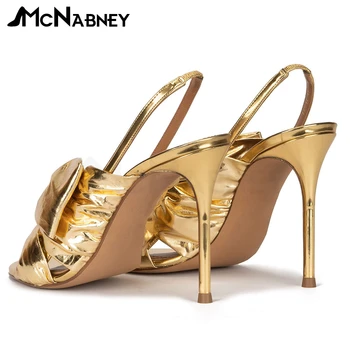 Золотые сандалии из гофрированной кожи с открытым носком на шпильке, летняя обувь без застежки на высоком каблуке, Роскошный модный стиль, высокие каблуки для женщин