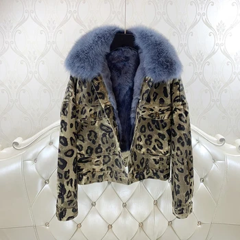 Леопардовый принт, съемный воротник из лисьего меха, джинсовая куртка, женская осенне-зимняя свободная подкладка из кроличьего меха, парки, пальто из натурального меха Y3149