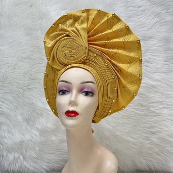 Новый золотой африканский головной убор Auto Gele высокого качества с камнями для женщин, головной убор для свадебной вечеринки с красивыми золотыми бусинами