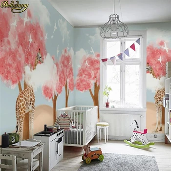 Пользовательские 3D обои росписи северных минималистский ручная роспись лес жирафа голубое небо белые облака детская комната фон стены