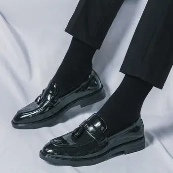 Черные Классические Мужские Кожаные лоферы с блестками, Дышащая Мужская Повседневная Кожаная Обувь, Комфортные мужские модельные туфли без Застежки, Zapatos De Hombre