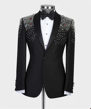 Черный мужской костюм для свадьбы, расшитый бисером, 1 шт., блейзер, сшитый на заказ для жениха, официальная вечеринка, куртка для выпускного вечера, пальто, мужской наряд