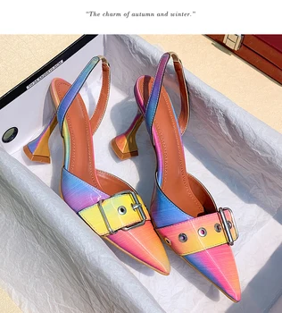 пикантные разноцветные женские туфли-лодочки из лакированной кожи, модный дизайн с пряжкой от Солнца, Необычные Босоножки на высоких каблуках, свадебные модельные туфли