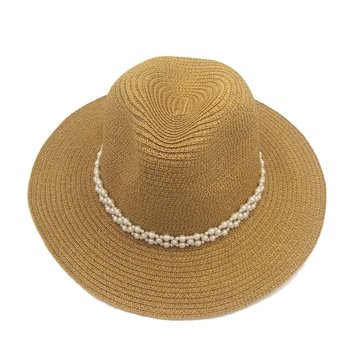 2021 Новые летние женские шляпы для отдыха с бусинами, джазовая панама с широкими полями, соломенная кепка от солнца, пляжная шляпа с цветочными заклепками, жемчужная соломенная шляпа