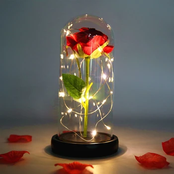 Вечная роза Светодиодная лампа в стеклянной крышке Аксессуары для украшения комнаты День матери Подарок на День Святого Валентина для подруги Праздничный светильник