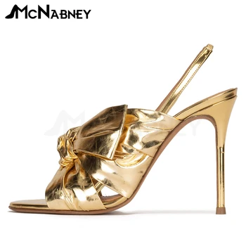 Золотые сандалии из гофрированной кожи с открытым носком на шпильке, летняя обувь без застежки на высоком каблуке, Роскошный модный стиль, высокие каблуки для женщин