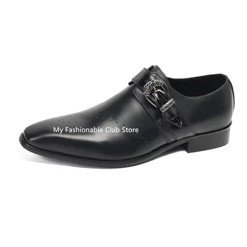Мужская модная кожаная обувь ручной работы с пряжкой и ремешком, повседневная офисная обувь для мужчин, черная Шелковая обувь с квадратным носком, обувь для вечеринок, Новый стиль