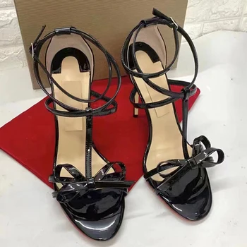 Пикантные черные босоножки на высоком каблуке с бантом, женские босоножки 2022, роскошная дизайнерская обувь, вечерние модельные туфли, Большие размеры 34-46