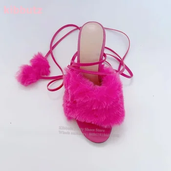 Сандалии с круглым носком и ремешками на тонком каблуке, однотонные розовые туфли с перекрестной шнуровкой и помпонами, модная элегантная Сексуальная новинка 2023 года
