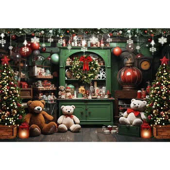 Фоны для фотосъемки с Рождественским медведем, Зеленое Оформление кабинета, Портретные Фотофоны, Профессиональный студийный реквизит, Фотосессия