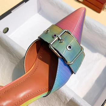 пикантные разноцветные женские туфли-лодочки из лакированной кожи, модный дизайн с пряжкой от Солнца, Необычные Босоножки на высоких каблуках, свадебные модельные туфли