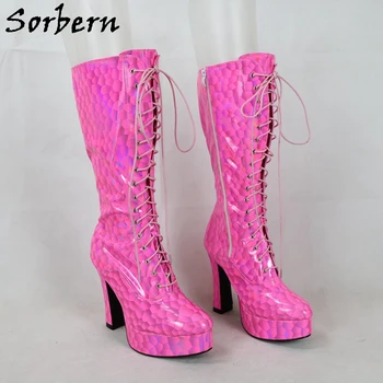 Sorbern Ярко-Розовые Лакированные женские ботинки Из лакированной кожи на высоком каблуке и платформе, Дизайнерская обувь на толстом каблуке на шнуровке, Изготовленная на заказ