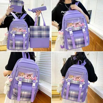 Набор рюкзаков для путешествий, Эстетичный рюкзак, 4 шт., набор школьных сумок с подвеской в виде кролика, вмещающий книги, ручки, Закуски, игрушки, Бутылки с водой