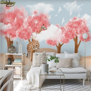 Пользовательские 3D обои росписи северных минималистский ручная роспись лес жирафа голубое небо белые облака детская комната фон стены