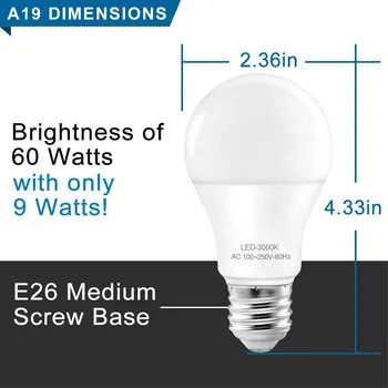Светодиодная лампа WELLHOME A19 Мощностью 9 Вт, эквивалент 60 Вт, База E26 3000K, Теплая Белая, Без Затемнения, 720 Люмен, Срок службы 25000 часов, 12 шт