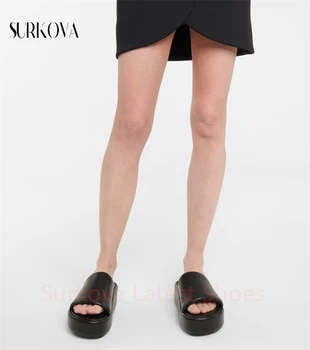 Черно-белые однотонные тапочки на толстой плоской подошве с круглым носком, женские уличные сандалии, Высококачественная повседневная обувь из мягкой кожи для женщин
