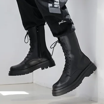мужские модные ботинки на платформе, черные стильные оригинальные кожаные туфли, высокие мотоциклетные ботинки на шнуровке, платья для сцены и ночного клуба, длинные боты
