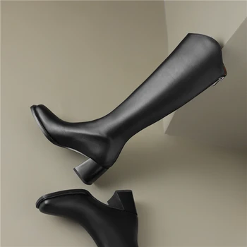 Meotina/ Женские сапоги до колена из натуральной кожи с квадратным носком на толстом высоком каблуке и молнии, Женские длинные ботинки в западном стиле, осень-зима 40