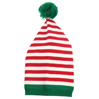 Взрослые и дети, Рождественская вязаная шапка с ушками Санта-Клауса, Красная Зеленая полосатая шапка с длинным хвостом и помпоном, Зимние каникулы